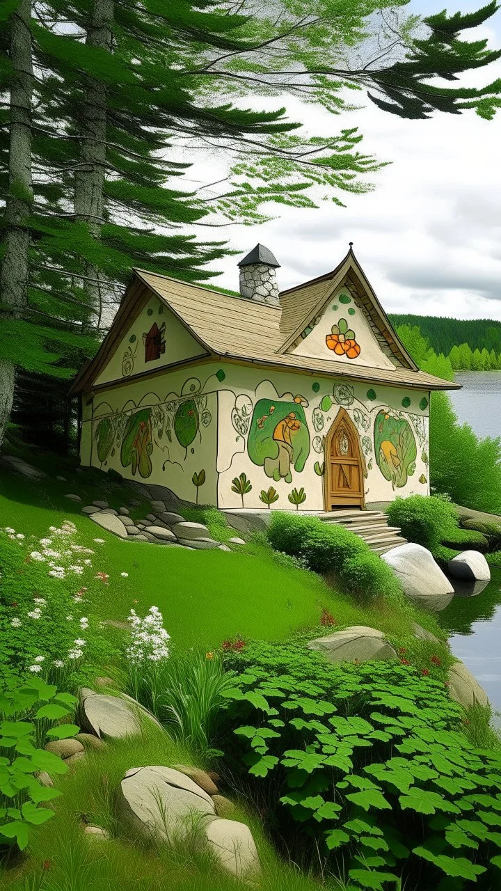 A house made out of white fathers by the lake designed in cave paintings painted by Paul Ranson ,