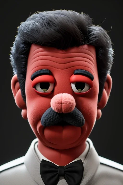 Waist up muppet Portrait, Nicolas maduro us muppet doll, black hair, Venezuelan president, red suit, mustache, photo studio, black background, unreal engine 5, concept art, art station, ray tracing, lumen lighting, ultra detail, volumetric lighting, 3d.