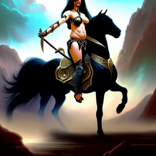 ultra detailed portrait of beautiful Dejah Thoris Riding a Black Horse and wearing a bikini plate armor, extremely detailed digital painting, in the style of Ken Kelly and A.J. Manzanedo and FRANK FRAZETTA and Earl Norem and fenghua zhong and ruan jia and jeremy lipking and peter mohrbacher, mystical colors, rim light, beautiful lighting, 8 k, stunning scene, raytracing