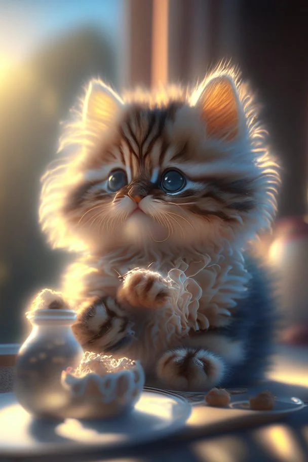 A very cute fuzzy furry chibi cat eating Nikon D850 highly detailed digital painting elegant Award winning photography intricate 4k very attractive beautiful fantastic view 4K 3D crisp quality Unreal Engine hdr cinematic postprocessing acrylic art in sunshine