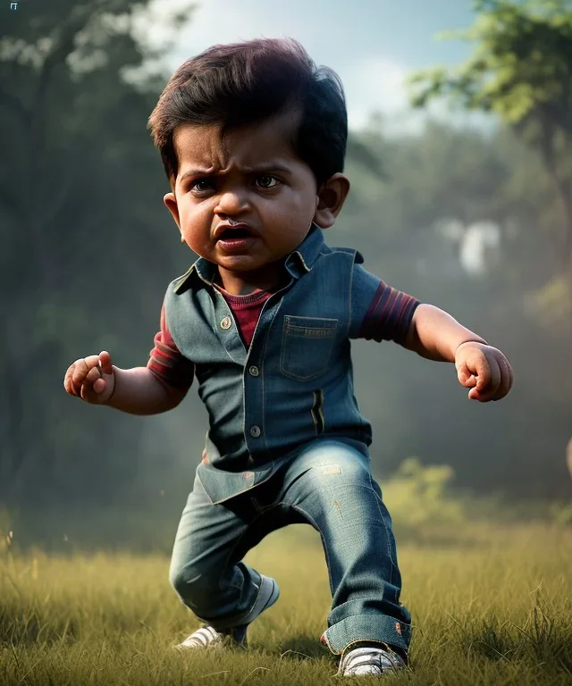 Raj kootrappali toddler, full body, dramatic lighting, angry, hyper realistic,