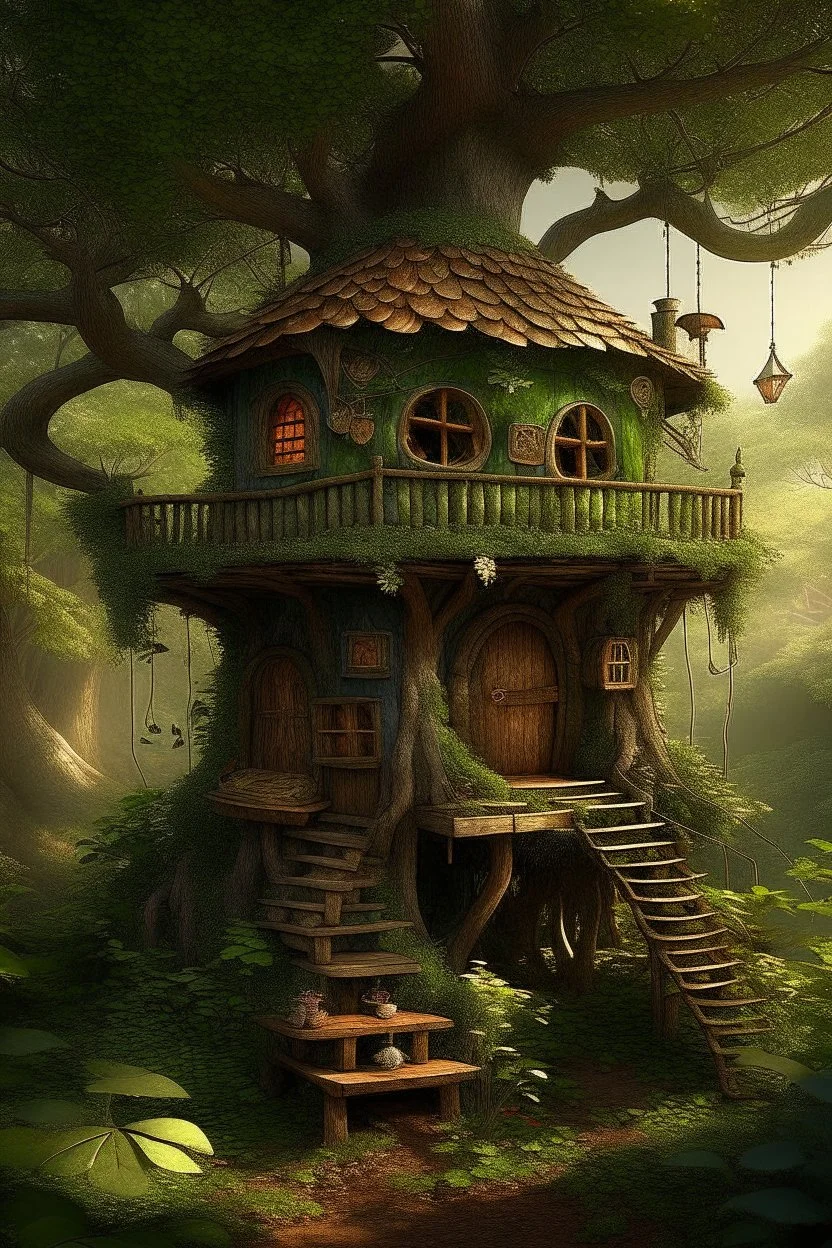 a tiny house, nestled in the uppermost branches of a towering tree, providing a cozy and secluded sanctuary amidst the dense foliage of a vibrant forest. The air is filled with the earthy scent of moss and leaves, and the gentle rustling of the wind creates a soothing melody. The mood is whimsical and inviting, with a touch of mystery and adventure. A mix of realism and fantasy, capturing the magic of nature's embrace. Watercolor washes and intricate line work, reminiscent of the Art Nouveau mov