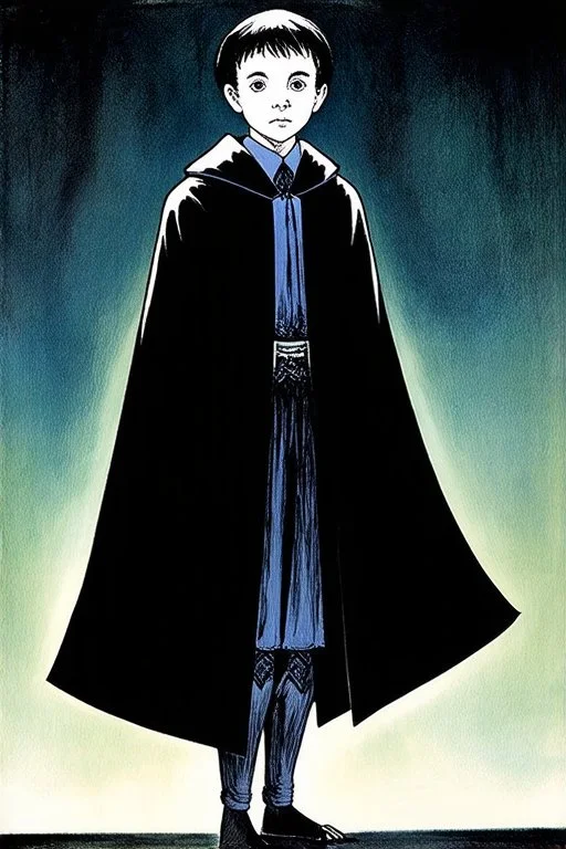 pallid 7 year old boy genie, necromancer, friendly,wearing black robes, with the lower body of a genie instead of legs, in the style of Harry Clarke