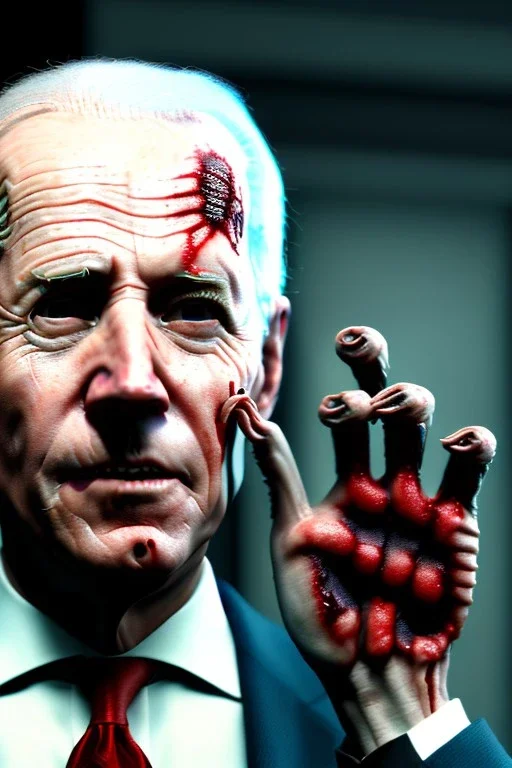 Ultra realistic image, joe biden zombie, zombie performance, soft skull, grey eyes, blood, torn arm, night, walking twisted, waist up view, thriller style, dark ambient, highly detailed, White House background, concept art, unreal engine 5, god rays, ray tracing, RTX, lumen lighting, ultra detail, volumetric lighting, 3d, finely drawn, high definition, high resolution.