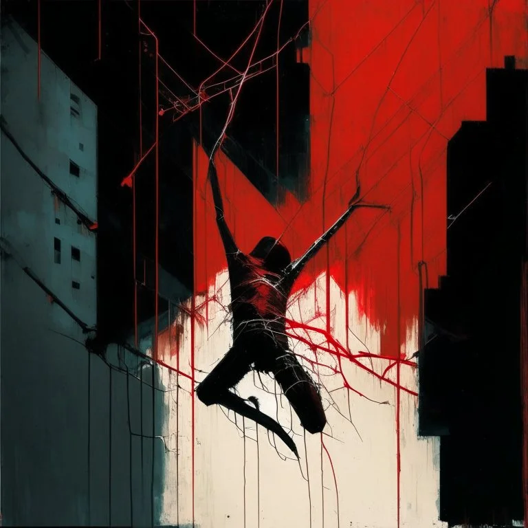 Minimal abstract oil painting of a falling person limbs sinew. Amongst concrete fragments brutalist architecture and hanging wires illuminated at night. Red In the style of Justin Mortimer and Phil Hale and Ashley Wood