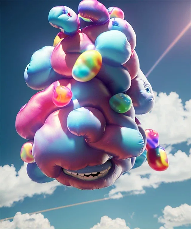 Ultra realistic speed clouds sky scene, wide angle view, sweet childs falling down, inflatable color clothing, free jumping flying, many trinkets, monster head, hair monster, many jelly beans, balls, smile, happy, circus style, extreme, wind, clouds sea, 20,000 feet altitude, stratosphere, soft color, highly detailed, unreal engine 5, ray tracing, RTX, lumen lighting, ultra detail, volumetric lighting, 3d, finely drawn, high definition, high resolution.