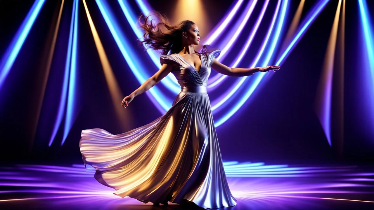 a 3d fractal stage structre made of metallic dark color 3d structures, pertty artistc background,dynamic lights,a beautiful lady in pretty maxi skirt and blouse dancing on stage