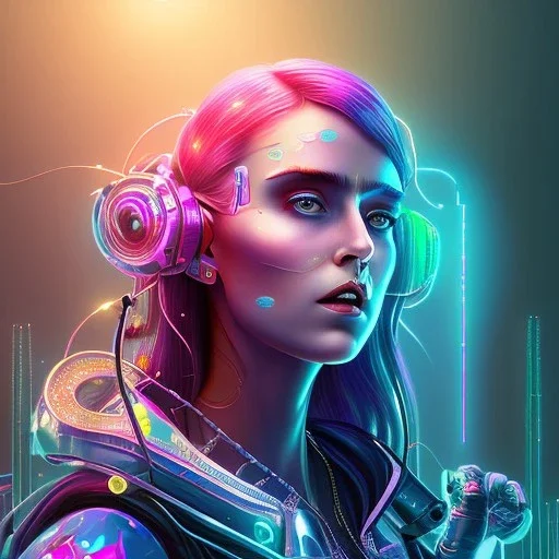 illustration of cyberpunk, singer Danish MØ, crystals, opalescent, bright,