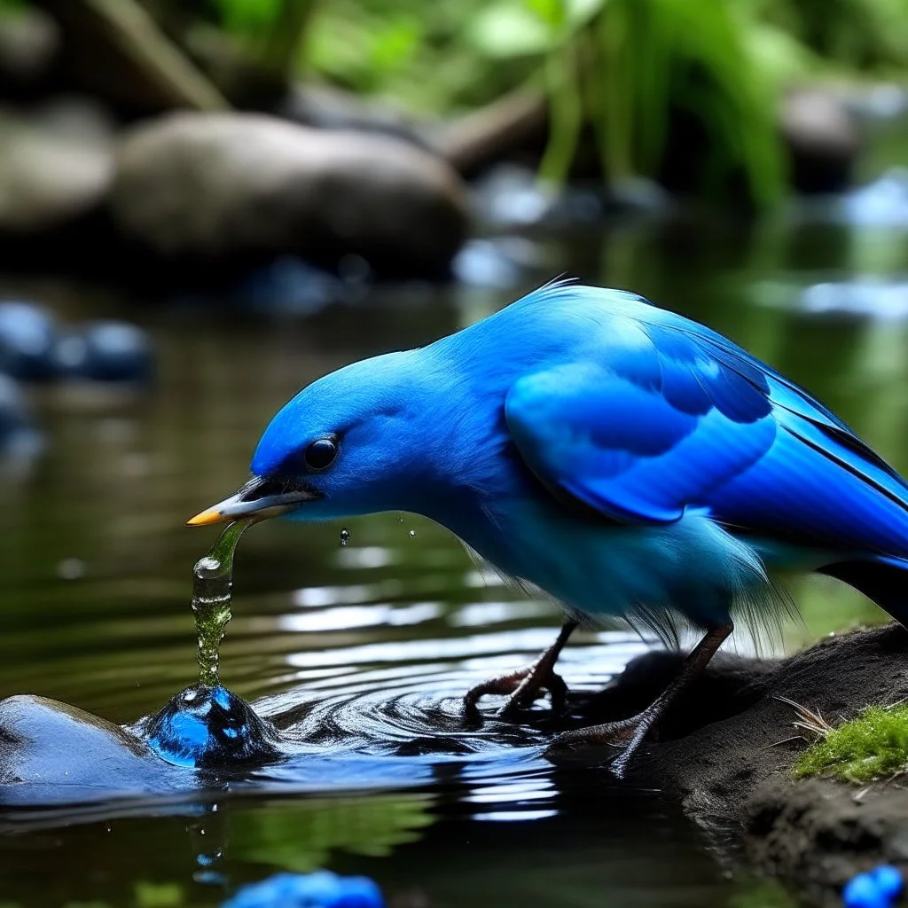 a blue bird drinking water form the river