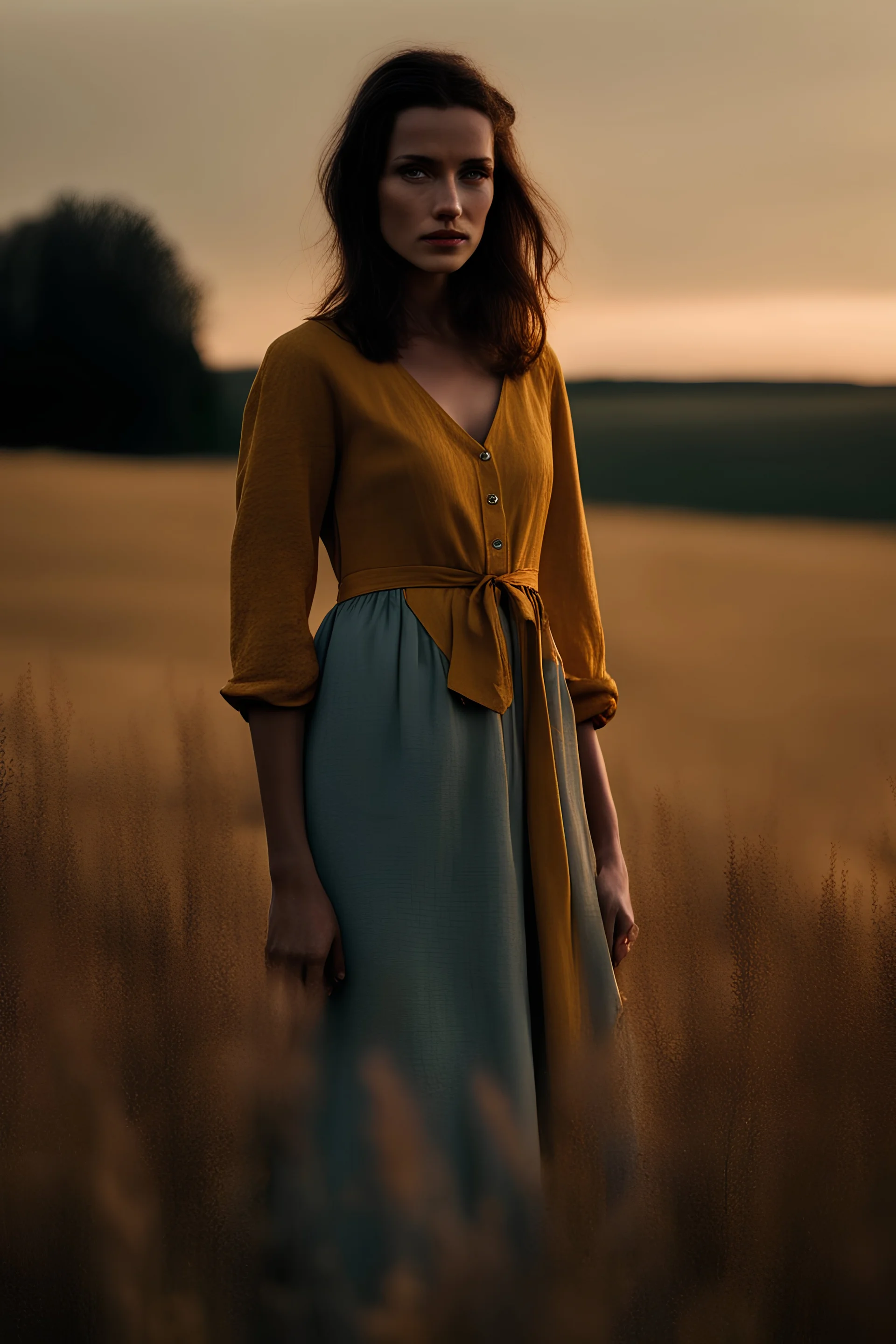 A mysterious brunette woman with sharp cheekbones is standing in a field in Thuringia at dawn. She is wearing a mustard linen dress and seen from afar. The sky is pale blue. The photo is taken with an iPhone.