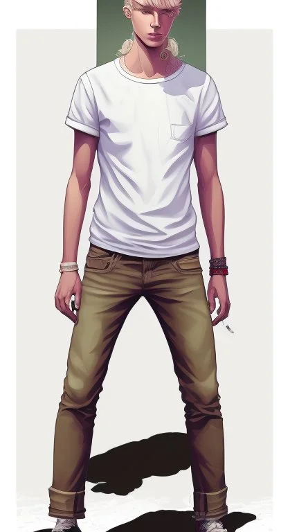Teen man, blond hair, perfect face, style of tomer hanuka, jeans, white, t-shirt, pompadour
