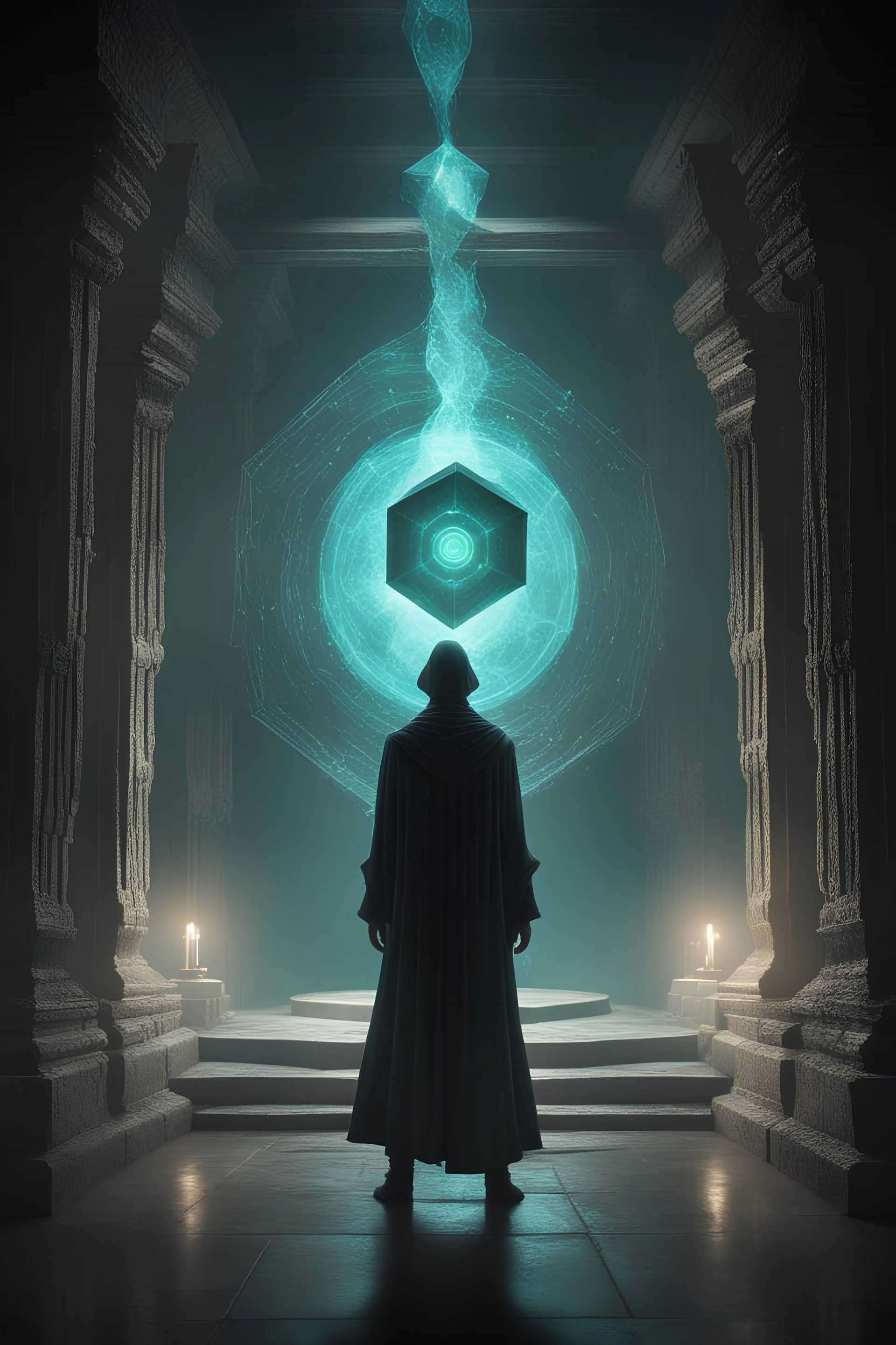 A eldritch god staring trough a tesseract,Cinematic lighting,high resolution,crisp graphics, otherworldly crypt setting