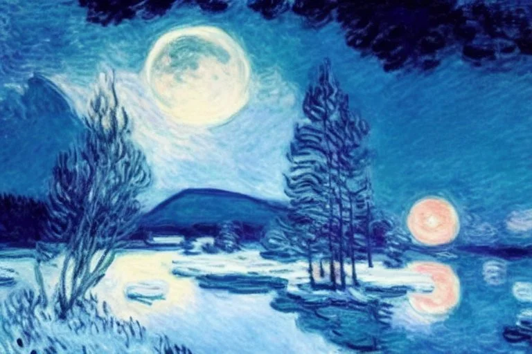 Night, Moon, distant mountains, pine trees, lagoon, lagoon reflections, winter, ice, snowy land, claude monet impressionism painting