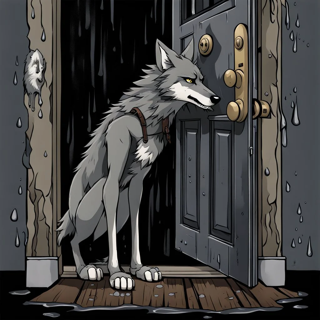 fantasy digital art of a very sad young anthro wolf kicked out of the house, she have wolf face gray hairy wolf body and wears just a short canvas rag around her waist , she have sadly face , rain , behind she an tall angry anthro wolf man in dark gray body hairy kicks she out the door with his foot, behind in rustic halb open door in an massive wooden house, rainy day, detailed, fantasy mood