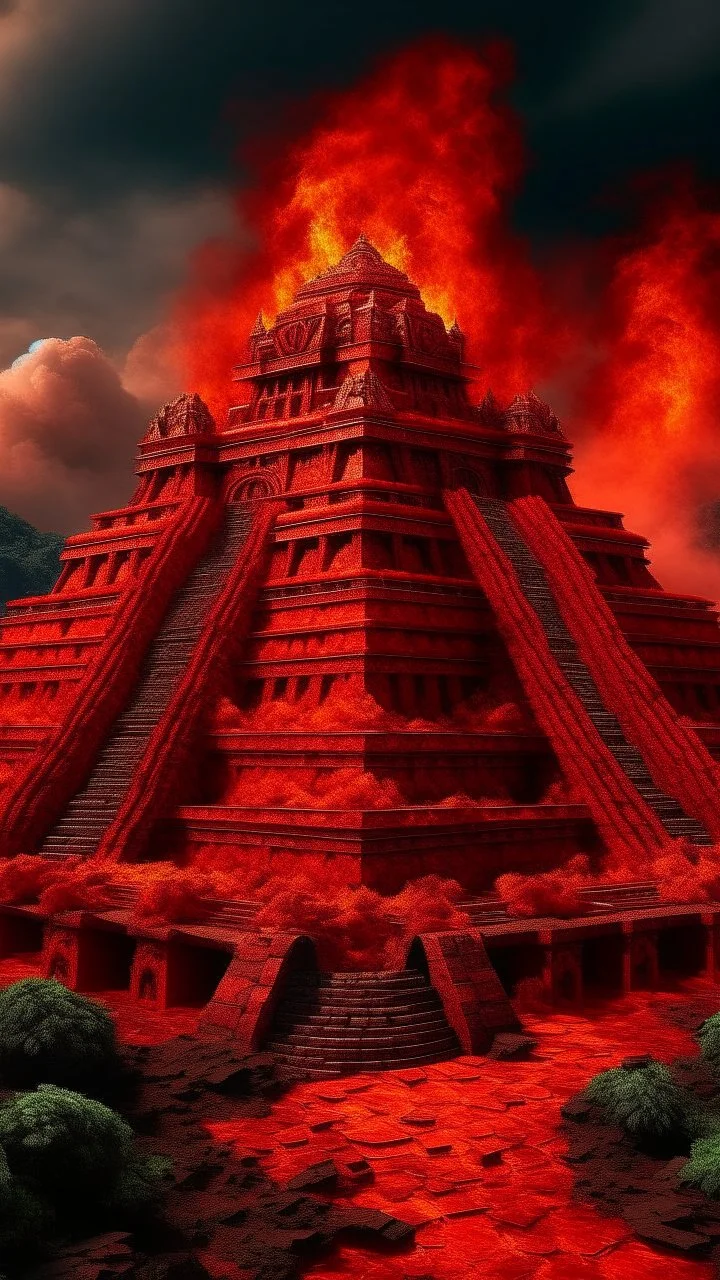 A red volcanic castle in a fiery realm designed in Mayan architecture