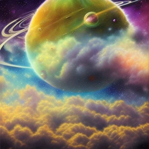 galaxy, nirvana, fantasy world,gas planets,with clouds,a couple of planets that are in the sky, abstract 3 d artwork, ufotable art style, dreamy and detailed,the planets are formed from clouds,the sky has stars, the planets are colored with red black purple violet,like a aurora borealis,no sun in picture