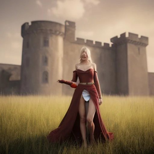 A photo realistic portrait of a stunning blonde, girl standing in front of a medieval castle