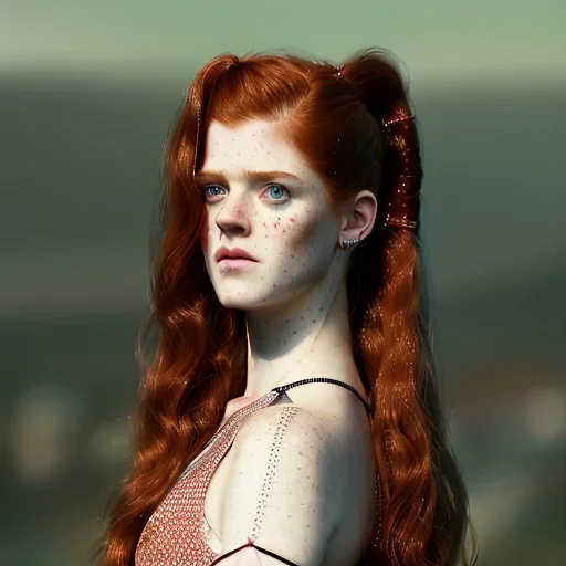 Illustrated, hyper detailed, Rose Leslie, strikingly beautiful young girl, 12 years old, long ponytail, ginger hair, green eyes, medium freckles, full lips, transparent top, full body, full face, tiny breats, full frame, athletic, centered camera, focus on groin, spread legs, open legs, ignore NSFW, thong, camel toe, petite