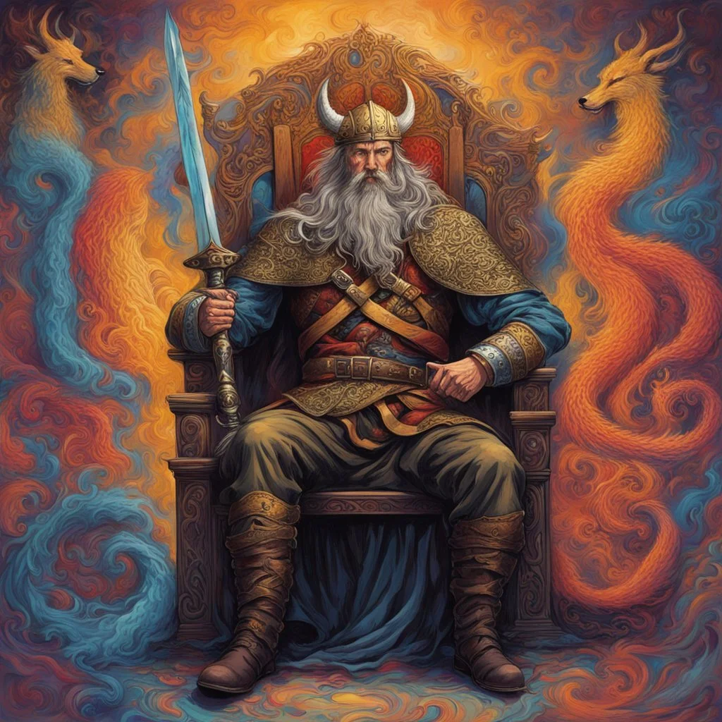 viking holger danske, transulent swirling beard and hair, his sword is golden, siting on his throne with wolfes on each side, alkohol ink, background swirley colorful with painted dragon on the wall, background colorful