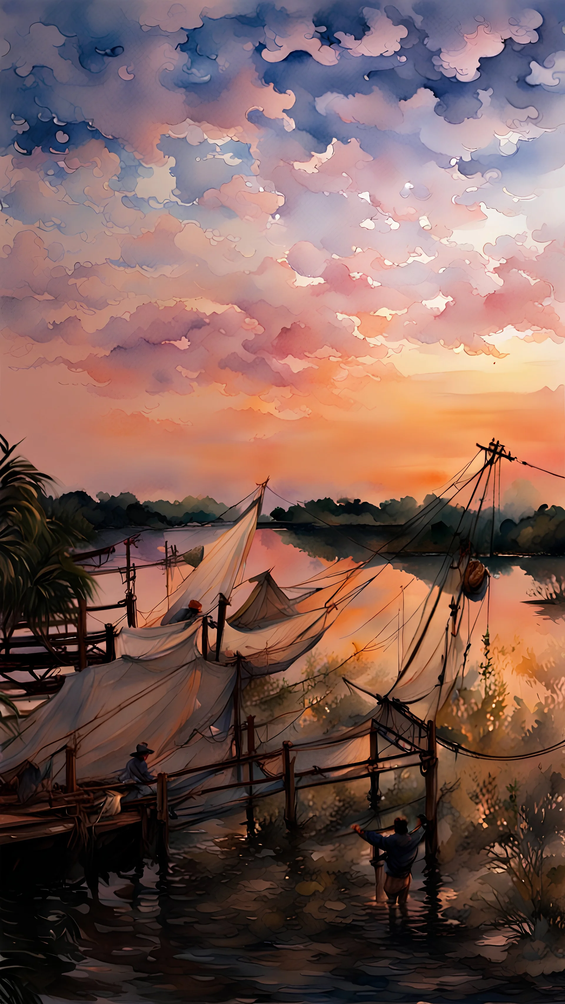 watercolor painting of chinese fishing b=net in water side, riverside, , pen line sketch and watercolor painting ,Inspired by the works of Daniel F. Gerhartz, with a fine art aesthetic and a highly detailed, realistic style