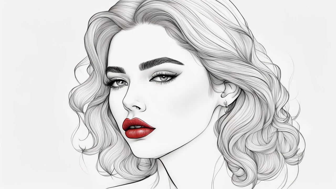 Outline drawing for portrait of a gorgeous and sweet woman, sadness, red lips, coloring page, white background, sketch style, use outline only, clean lines, white background, no shadows, clear and well outlined