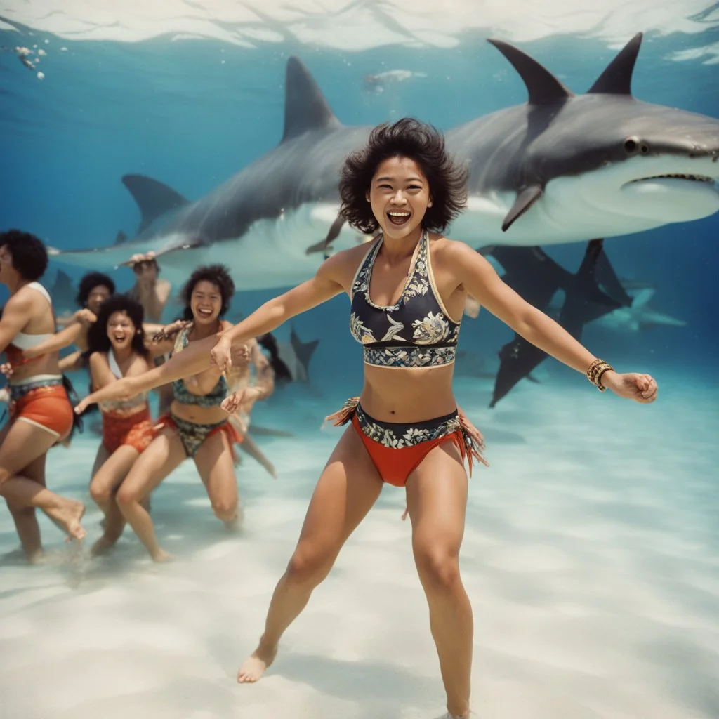 A happy Nomadic samurai woman, 24-years-old wearing a printed two-pieces swimsuit , swimming within from a group of aggressive sharks, the dance floorin the background, vintage 1980's photo