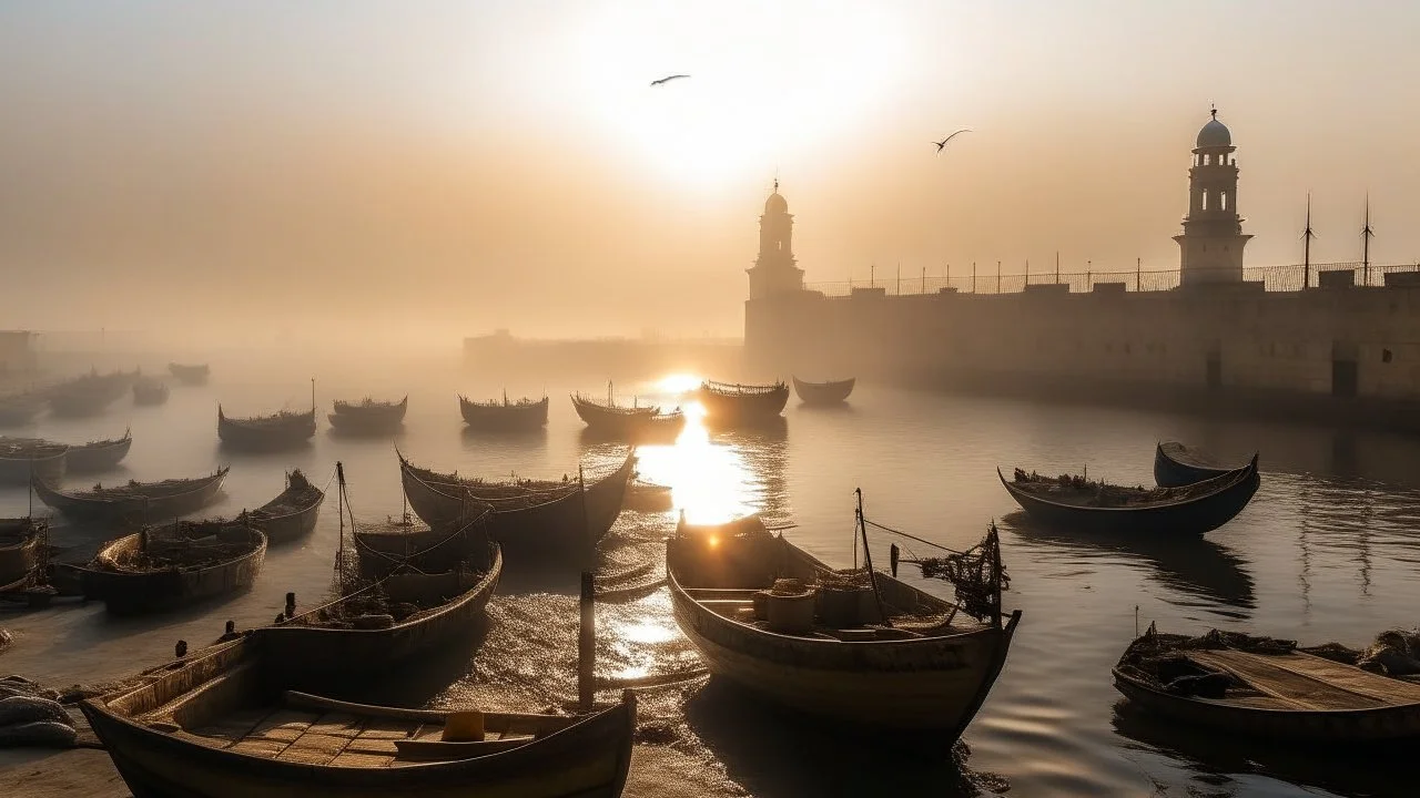 Qaitbay Citadel in Alexandria, fishermen’s boats anchored around it, fishermen putting fishing nets on their boats, fog covering the place, the moment the sun rises