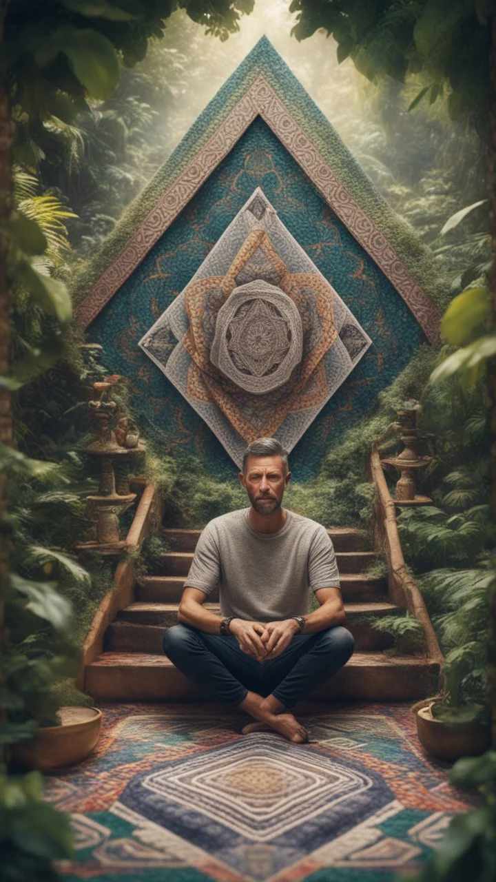 mandala style framed playing card illustration, close up portrait of a man sitting atop a house of cards, posing for photo shoot in stairs and bridges woven into a sacred geometry knitted tapestry in the middle of lush magic jungle, bokeh like f/0.8, tilt-shift lens 8k, high detail, smooth render, down-light, unreal engine, prize winning