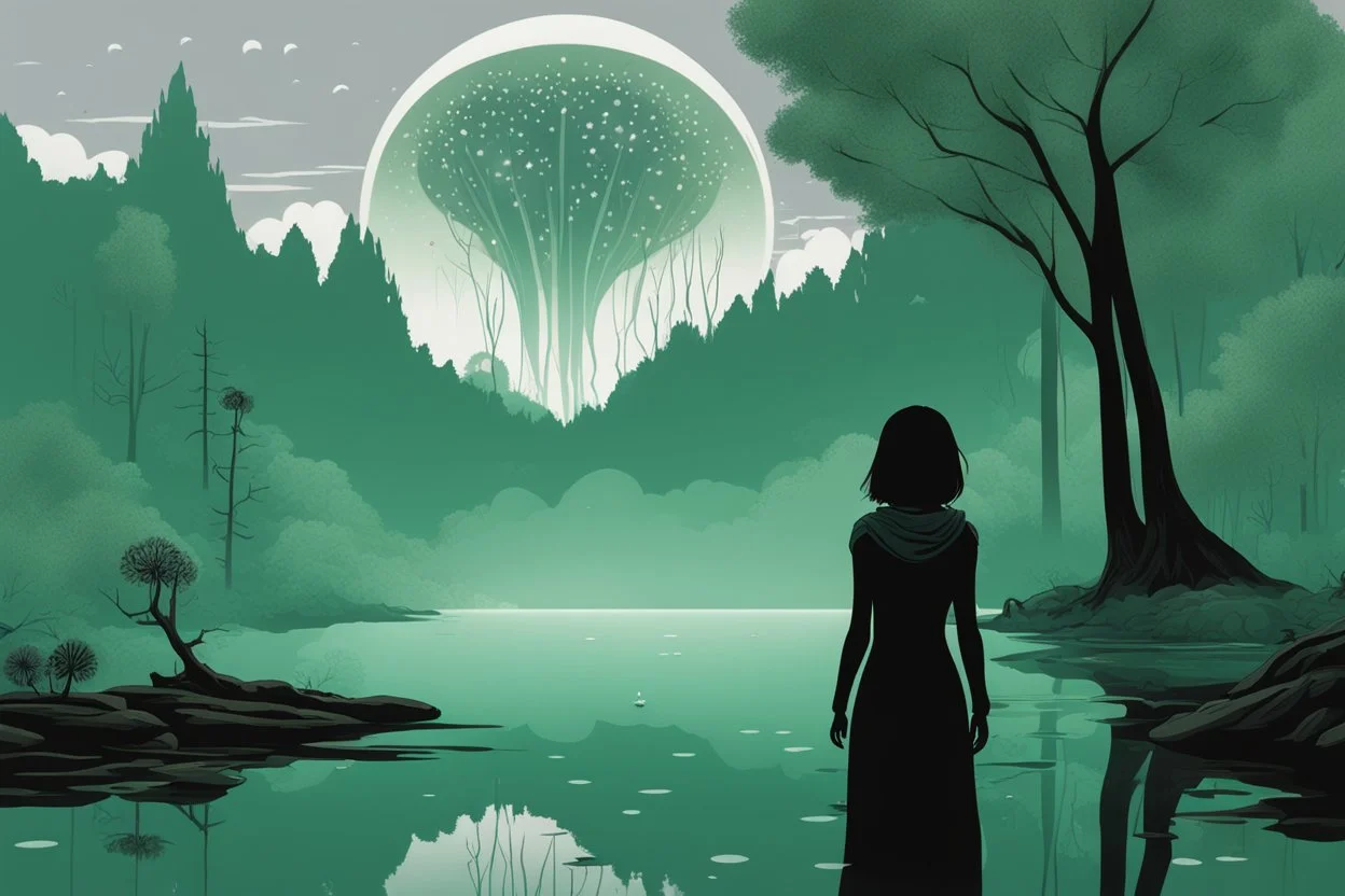 A skinny woman with a black bob hairstyle, in a green and silver suit, standing, looking out over a lake, in an alien forest, with tall narrow cloud trees, with flying dandelion heads with octopus tentacles