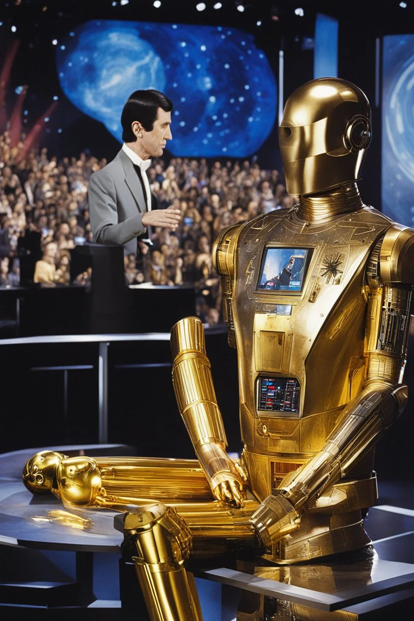 In the vibrant Vulcan late-night TV studio, Spock interviews C3PO. The audience eagerly awaits this collision of minds. Spock acknowledges C3PO's impressive linguistic abilities. C3PO expresses gratitude and finds Spock's presence fascinating. The contrast between logic and eloquence electrifies the atmosphere. Spock questions the purpose of C3PO's vast language database. C3PO explains his role in communication and diplomacy. Spock inquires about C3PO's involvement in galactic adventures. C3PO s