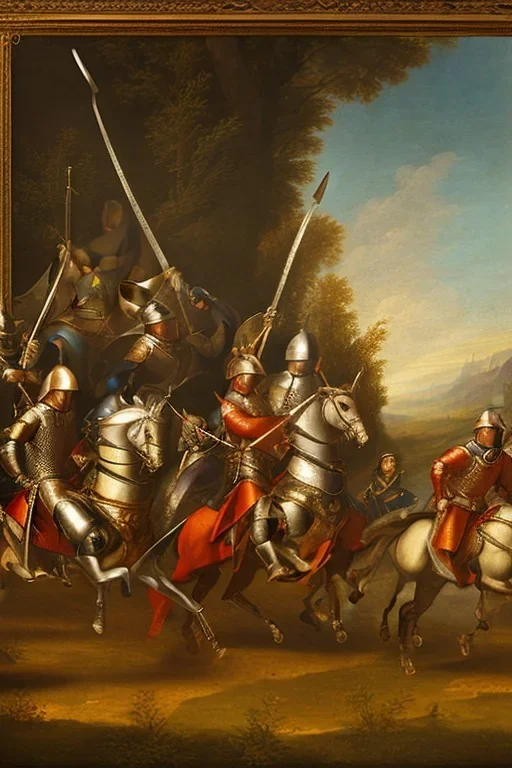 renaissance painting of mounted knights galloping across an open field, swords in hand, mountains in distance