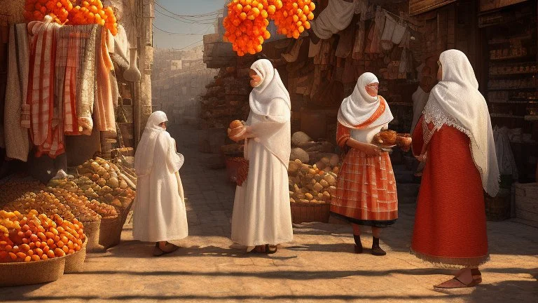 A full-length Palestinian girl wearing an embroidered dress and a white embroidered shawl buys oranges from an old seller wearing a keffiyeh in the market of Jerusalem, 100 years ago, at night with multi-colored lights reflecting on her.