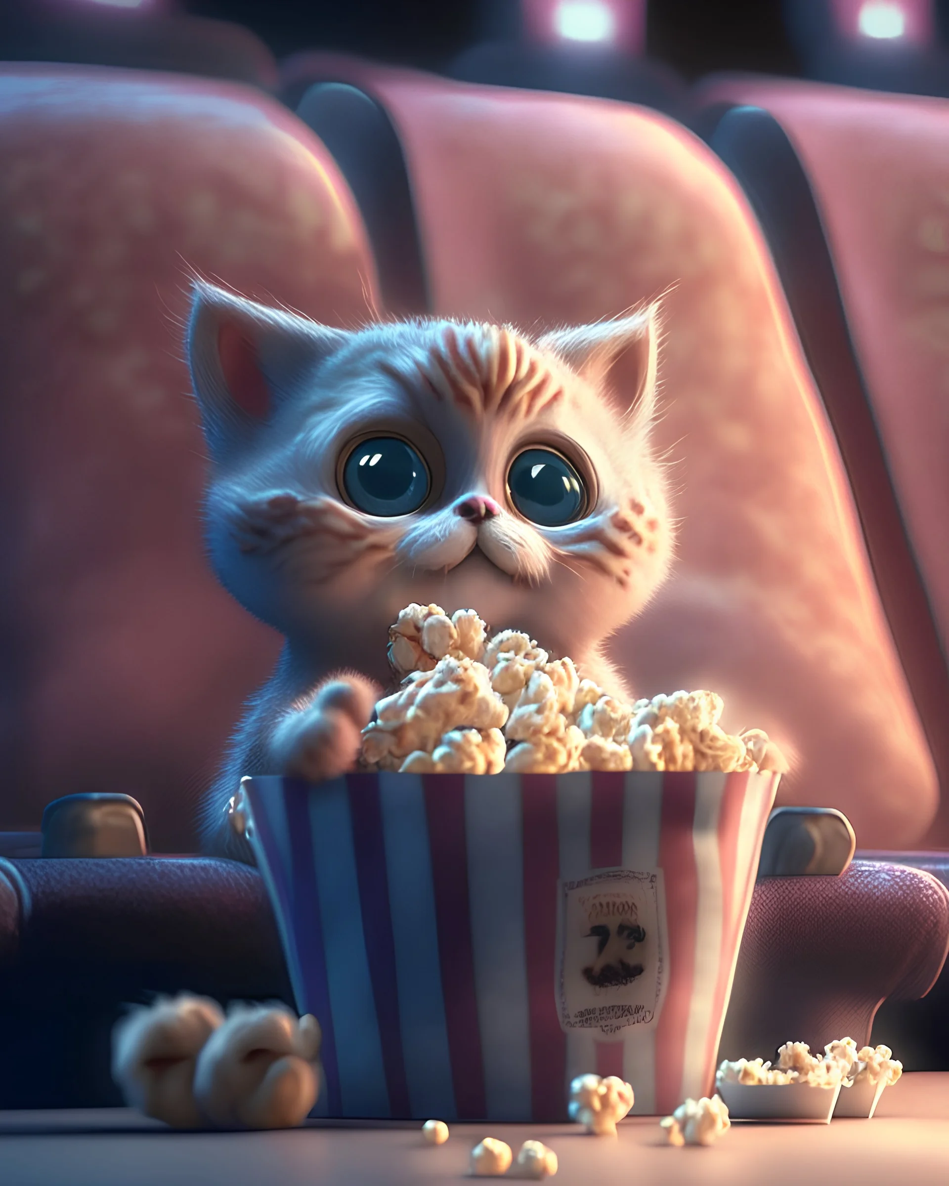 Cute small humanoid cat sitting in a movie theater eating popcorn watching a movie, unreal engine, cozy indoor lighting, artstation, detailed, digital painting,cinematic,character design by mark ryden and pixar and hayao miyazaki, unreal 5, daz, hyperrealistic, octane render