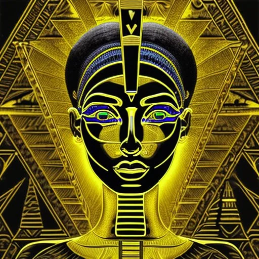 Double exposure of a black and yellow photo of the face of the pharaonic goddess Nefertiti and stairs inside a pyramid, black and yellow photo, a staircase, by John Alexander, stairs, a winding staircase inside a pyramid, inspired by Jerry Schatzberg, stairs to heaven, fine art photography, by Rodolfo Escalara, illustration, by Albert Cotin, beautiful, stairs, inspired by Rudolf Hausner, staircase 1