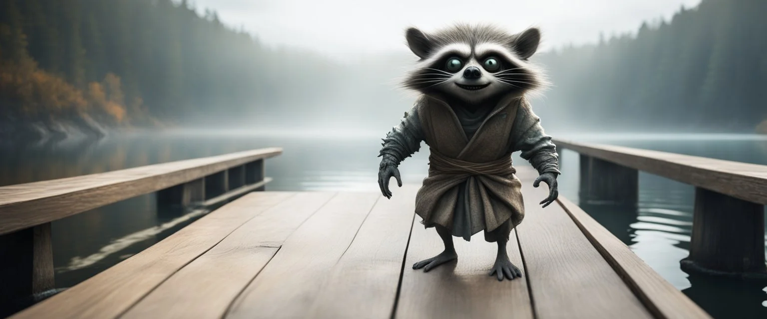 close up on huge dented glowing ghost transparent raccoon gremlin troll in designer clothes in fast boat with googly eyes, raised by ninja necromancer in the wild, on wooden bridge by lake in surreal reflecting stone chrome landscape, background motion blur, volume light fog, rays, 4d maze
