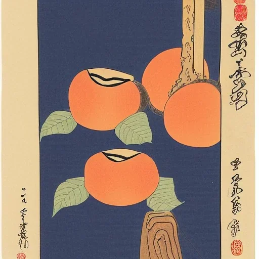 Ukiyo-e style illustration of three peaches stilllife