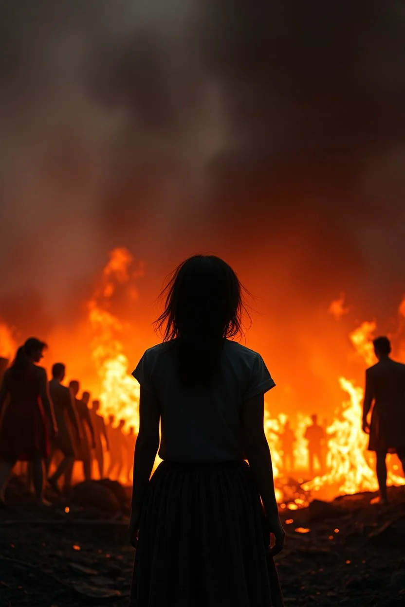 A rear view of a girl standing in front of hell were people are panic with fire and screaming,