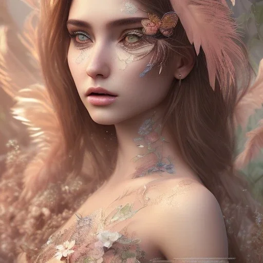 perfect woman, plant metal, feathers, long hair, butterflies, branches, plants, flower background, face paint, intricate, oil on canvas, masterpiece, expert, insanely detailed, 4k resolution, cinematic smooth, intricate detail, soft smooth lighting, pastel tint