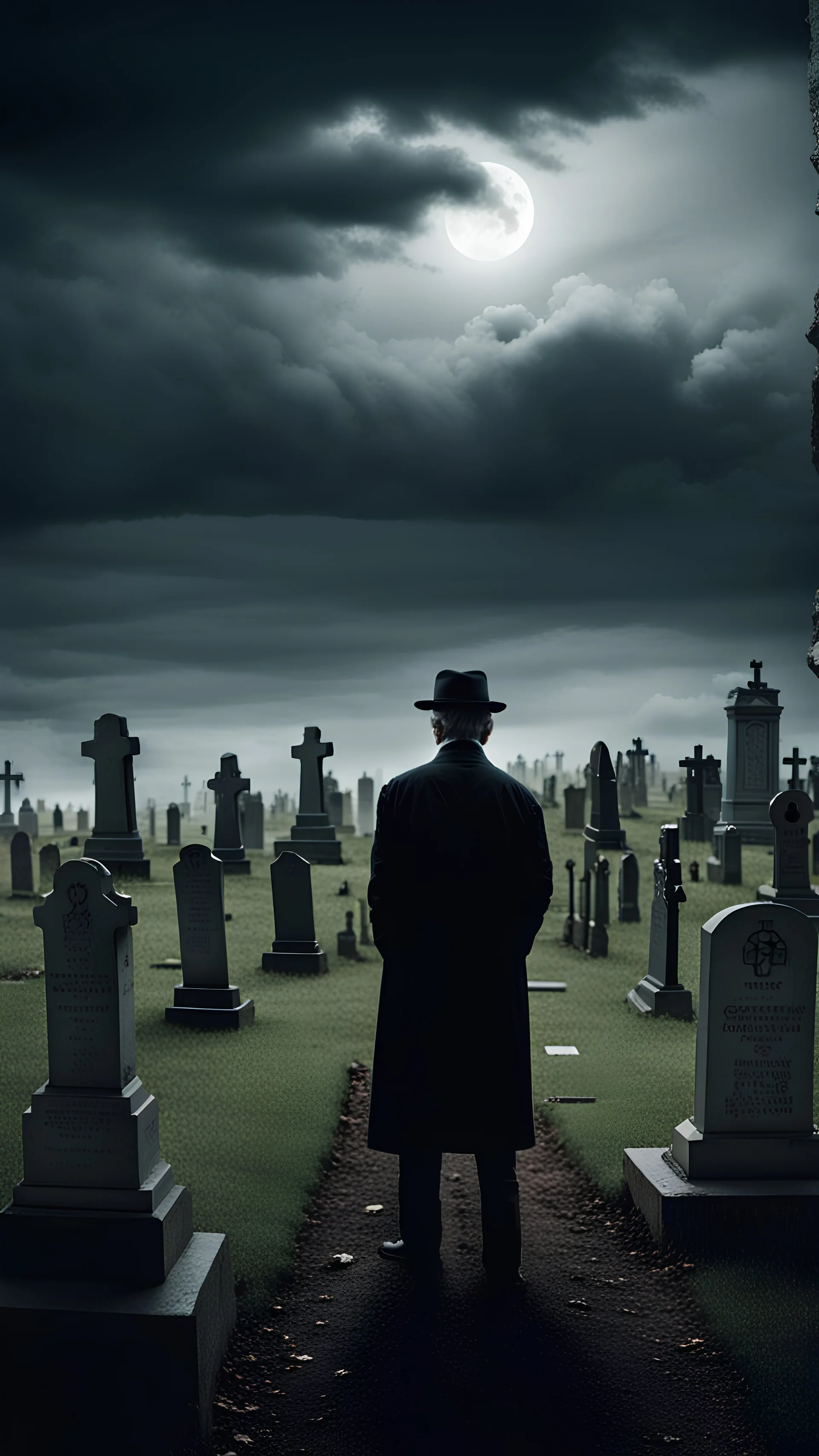 The owner of the cemetery stands in the middle of an ominous cemetery