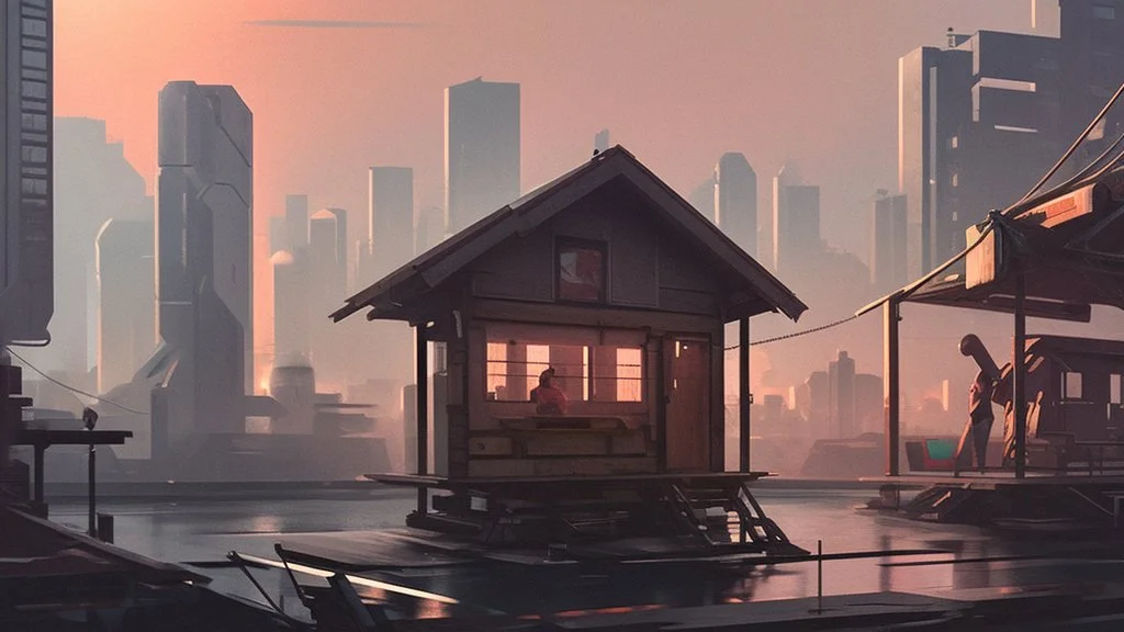 small Wooden Cabin, In cyberpunk city-skyline,