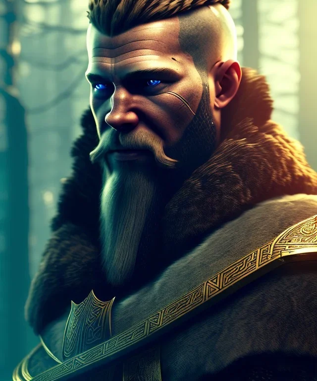 A strong and muscular viking with scars face , dark and purple colours, atmospheric, aetheric, unreal engine, cinematic lighting, octane render, 8k.