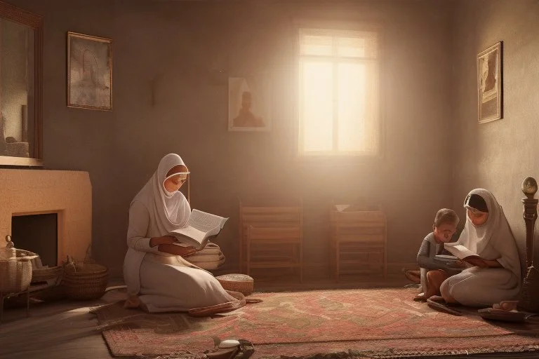 A close-up scene of an Arab mother reading the story from a book with her children around her in the room of the old wooden house near the fireplace 100 years ago.