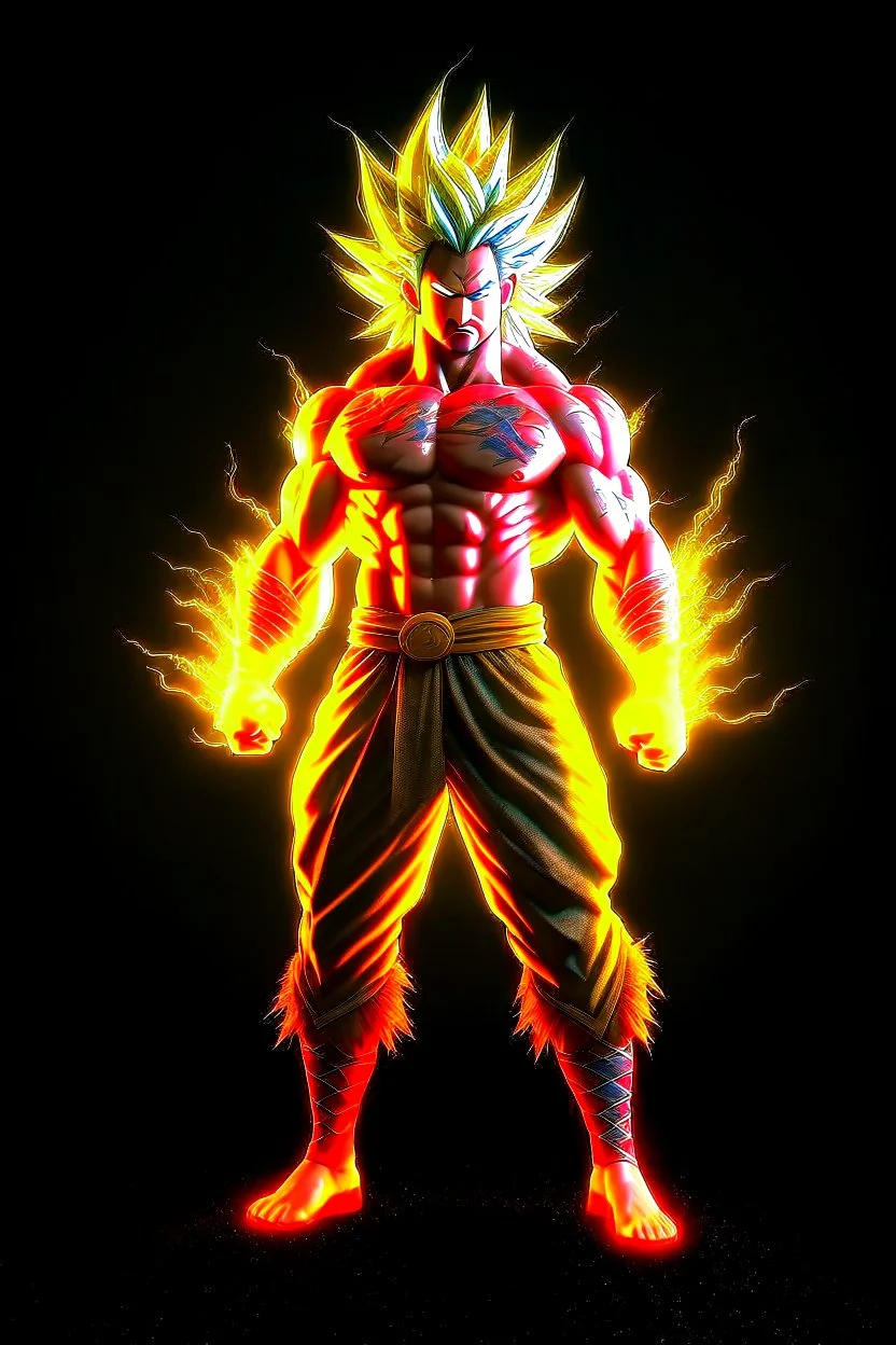 realistic 3d rendering of goku super saiyan fused aquaman, surrounded by lightning, big muscular, full body photography, hyperrealistic