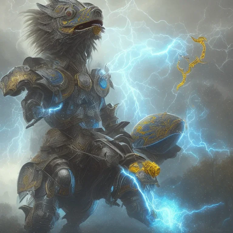 lightning, angry warrior in Blue and yellow battle armor with electric bolts of lightning, a highly detailed illustration, background of Inka jungle, realistic render, 8 k, micro detail, intricate, elegant, centered, digital painting, Artstation, smooth, sharp focus, illustration, artgerm, tomasz alen kopera, peter mohrbacher, donato giancola, joseph christian leyendecker, wlop, boris vallejo