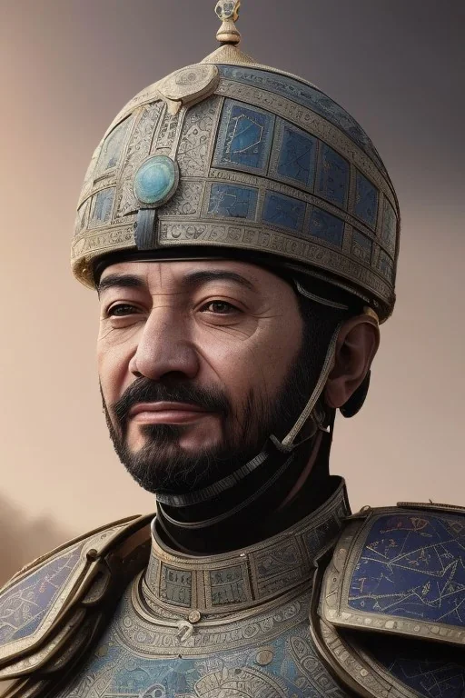 Ottoman Empire sultan head portrait, warrior armor , village, meditation, woods, galaxy sky, 8k quality , portrait,beautiful robotic ,ghost in the shell , post-apocalyptic in a cyberpunk city, realistic, intriacte detail, sci-fi fantasy style, volumetric lighting,24mm , particales,highly detailed,cinematic, deep purple , green eyes .