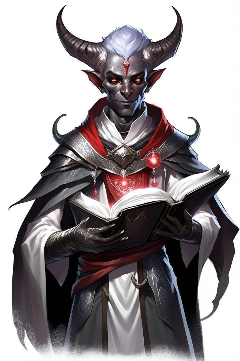 En Young male black skin tiefling Wizard fra dnd holding a book with Arcane Magic in a silver and White Rope and a silver cloak. His horn a perfectly place on acet from the front to the back pointing upwards with glowing Red cat Eyes. His close is elegant get simple. Holding an ice Crystal in his Right Hand