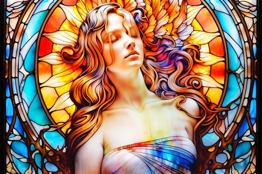 24x36 inch movie poster - "The End of Life" - double exposure - Oil paint, water paint, acrylic paint, statuesque, clay molding, wood burning, pencil and ink - in the art style of every artist that has ever lived - a multicolored, stained, spectral, glass fragment, prism, 3D sculpture, a woman standing on the precipice looking down into the void while a giant, snarling werewolf rears up behind her