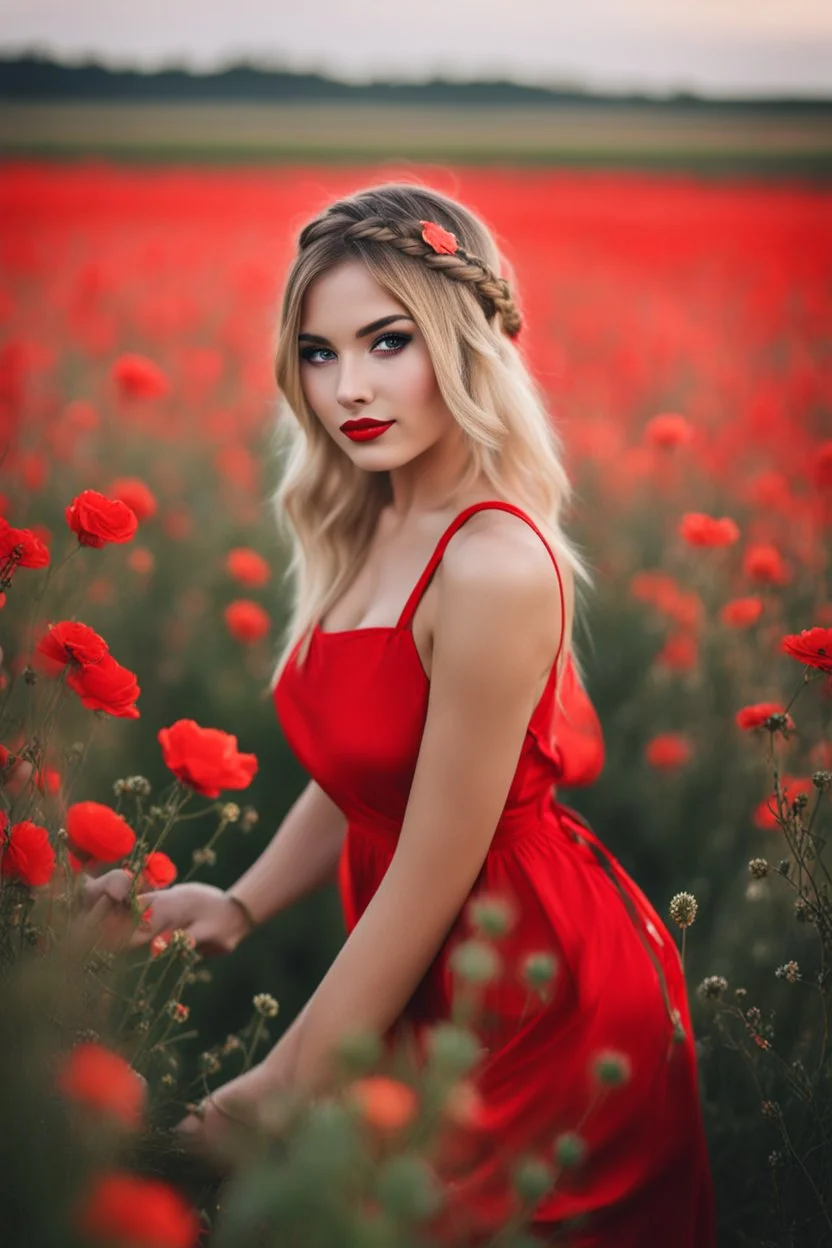 Beautiful russian girl, blonde hair, bold lipstick, flower field, braided bangs, braided bobcut, solo, apron,thick thighs, side-tie panties, black hair, 18yo,(on back:1.2) ,red dress, portrait