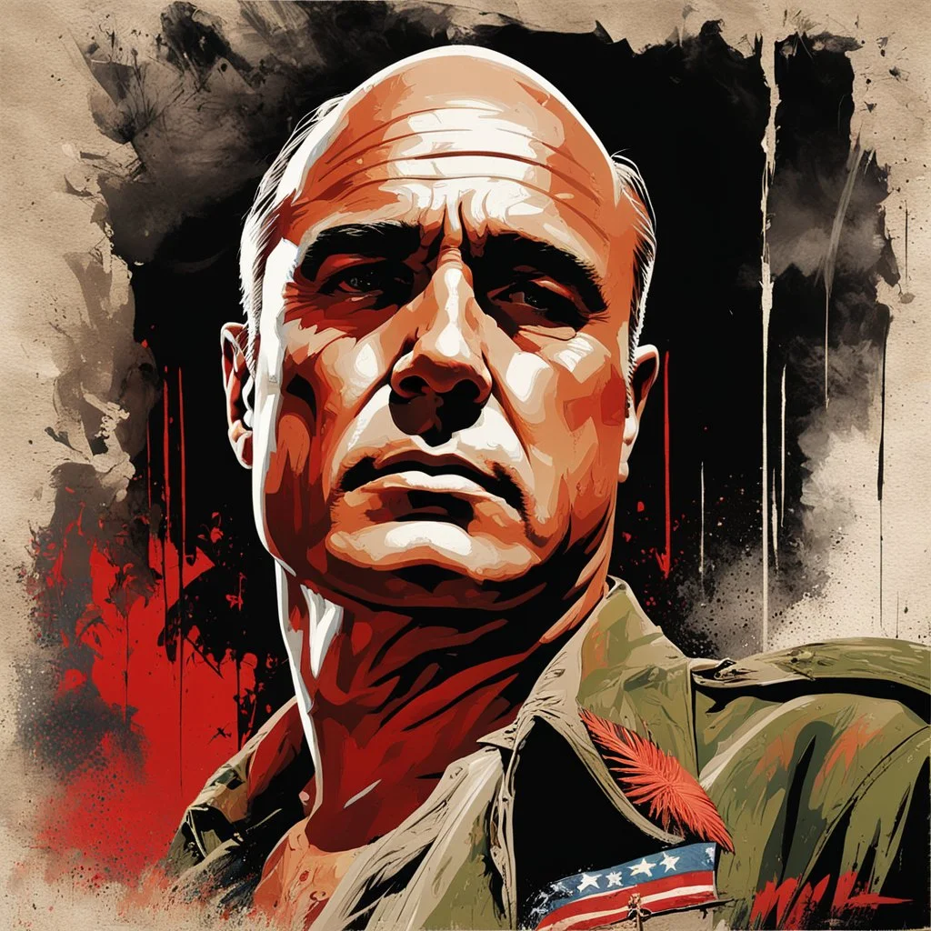 Surreal portrait of Marlon Brando as Colonel Kurtz in Apocalypse Now, halo of military choppers, Marlon Brando's mad countenance unsettling aura dominating the canvas, vivid eyes piercing through enveloping darkness, by Russ Mills, movie poster art by Drew Struzan, brilliantly grounded against the backdrop of an elusive nightmarish jungle, palpable textures, distressing red hues, visceral style, detailed line work, opulent shadows, menacing war flashback illusions in background, hyperrealistic