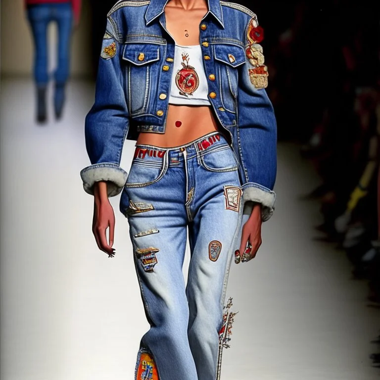 latin model catwalk wearing cargo jeans with patch embroidered